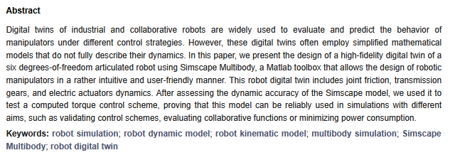 RoboticsMDPI's tweet photo. #HighlyCitedPaper
📖 Designing Digital Twins of Robots Using Simscape Multibody 
 ✍   By Giovanni Boschetti and Teresa Sinico
🏘️ From University of Padova
👉https://t.co/E2vIW4Dh1l

#Robotics #robotsimulation https://t.co/UZPCM1i538
