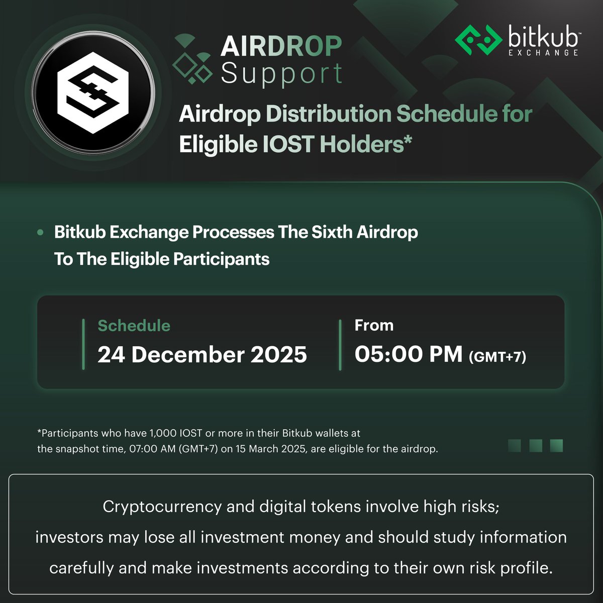 Sixth Airdrop Distribution Schedule for Eligible IOST @IOST_Official  Holders on 24 December 2025 at 05:00 PM (GMT+7) . To align with the  operations plan issued by the IOST issuer, Bitkub Exchange will