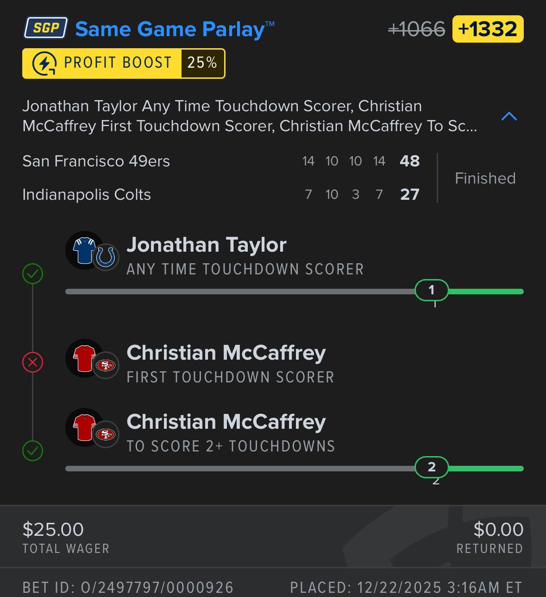 prophetboosts's tweet image. Good game I thought colts were boutta win for a second ngl. First Td parlay coulda been crazy 

#nfl #9ers #colts #bengals #cmc