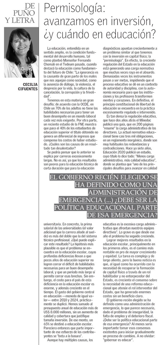 EYN_ELMERCURIO's tweet image. 📰 [Opinión] “Lograr mejores resultados en la educación escolar, principalmente en los primeros años, es el camino más rentable en pro de mayor crecimiento y equidad”, argumenta Cecilia Cifuentes en su columna de hoy.
digital.elmercurio.com/2025/12/23/B/T…
