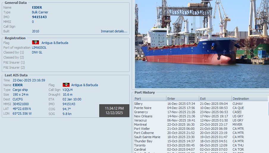 FlconEYES's tweet photo. EIDER 9415143
Bulk Carrier Granelero

#Quebec-#Cienfuegos 

#Now #Cuba #AIS #cubarcos #22Dec https://t.co/9yEpnnQJ4a