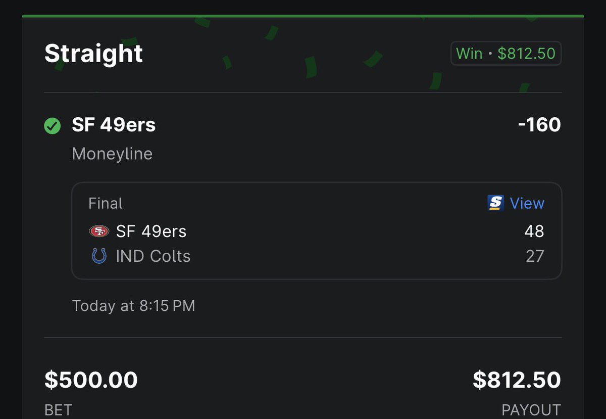 OmniCapper's tweet photo. โ
CHRISTMAS CAME EARLY TONIGHT ๐๐
WE BANG โผ๏ธ
NEVER EVEN A DROP OF SWEAT ๐
Thank you to the San Francisco 49ers ๐๐ซ๐ซ๐ซ
#ColtsVs49ers #MNF #MondayNightFootball #NFLBets #SportsBetting #NFLGambling #AnytimeTD #FirstTD #TouchdownScorer #TDProps #Touchdown #PlayerProps #SameGameParlay #ParlayPlay #GameDayBets #BetTheNFL