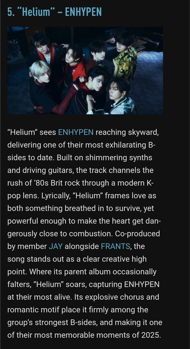 BLUEJAYS_CO's tweet photo. [INFO] Genius Korea ranks “HELIUM” co-produced by #ENHYPEN_JAY, as the 5th Best K-Pop B-Sides of 2025!!

Congratulations Enhypen and producer Jay!🥳🎉

🔗: https://t.co/OXcbiQKEN4

#엔하이픈_제이 #제이 #ジェイ #ENHYPEN_JAY #JAY #엔하이픈 #ENHYPEN @ENHYPEN @ENHYPEN_members https://t.co/L7Ls1acov5