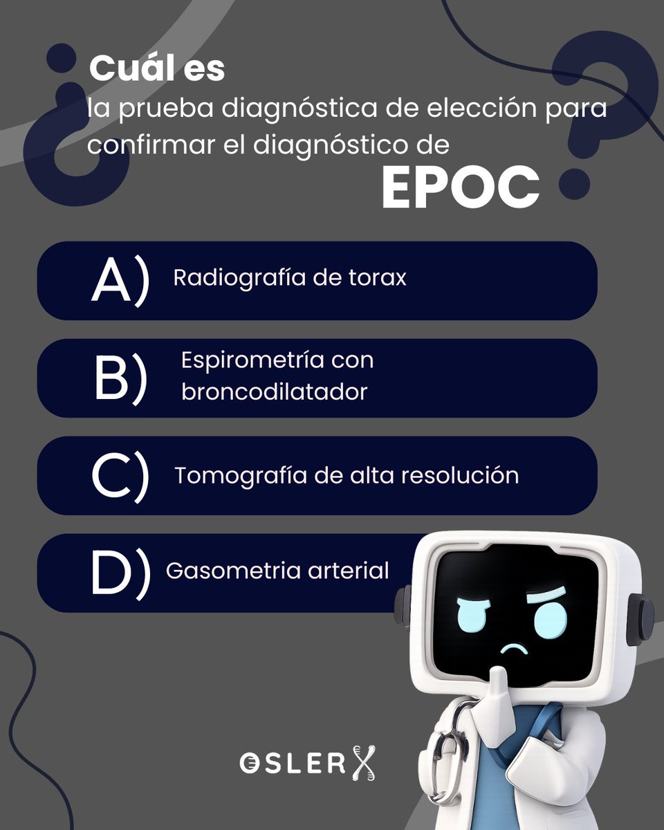 oslerx42's tweet photo. ENARM 🫁: ¿prueba para confirmar EPOC?
✅ Espirometría con broncodilatador.
Dx si FEV1/FVC post-BD < 0.70.
Rx/TAC/GA ayudan, pero no confirman.
¿A/B/C/D? 👇 #ENARM #OslerX https://t.co/t9ZT6wd3al