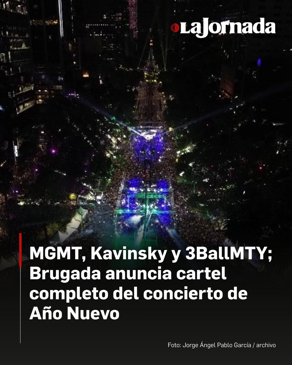 lajornadaonline's tweet image. Ocho Djs de talla internacional integran el elenco que se presentará el próximo 31 de diciembre para recibir el Año Nuevo 2026, en la denominada “fiesta electrónica más grande del Mundo”. 

La banda MGMT, Arca, Ramiro Puente, Vel, Jehnny Beth, 3BallMTY, Mariana Bo y Kavinsky,…