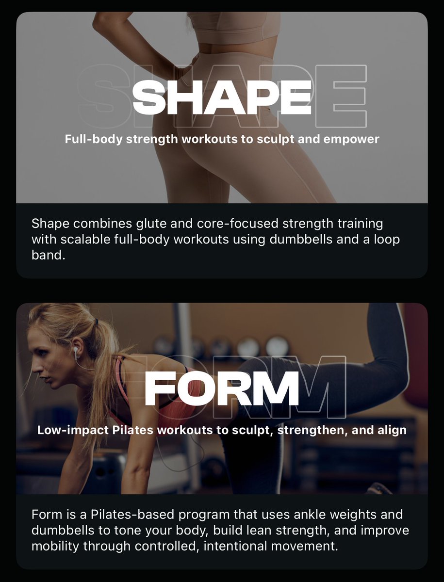 We just launched two new programs by Coach Shannon—built by women, for women, and focused on strength that carries into real life. Form is pilates-based for lean strength and mobility. Shape is glute + core–led strength with dumbbells and a loop band. Intentional. Sustainable.