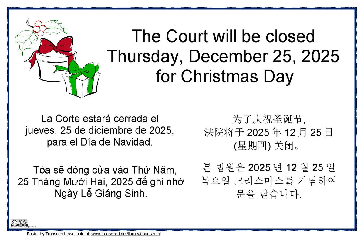 StanislausCourt's tweet photo. The Court will be closed Thursday, December 25th. https://t.co/74JbaZcJhS