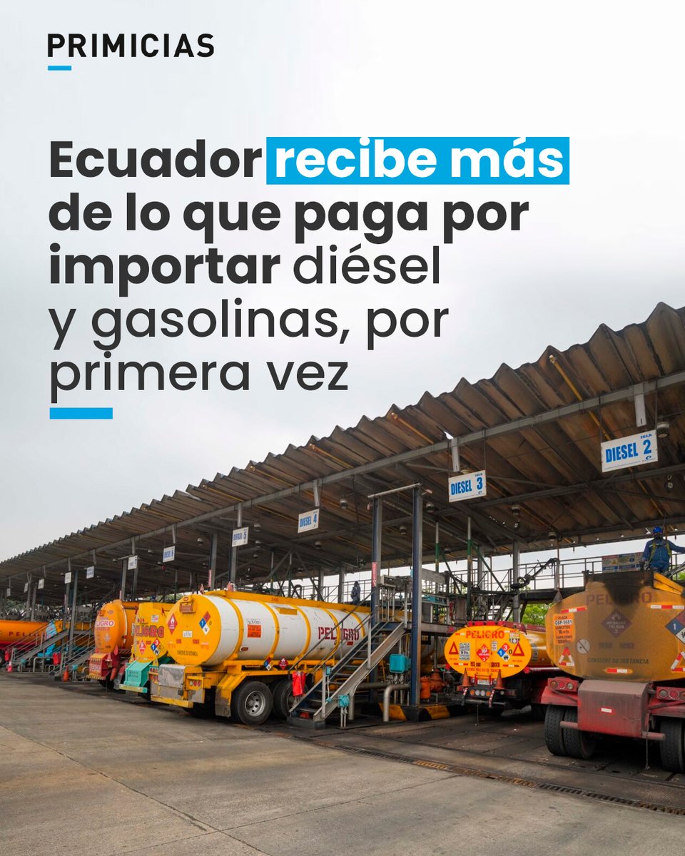 Primicias's tweet image. Por primera vez, el Estado ecuatoriano recibe más de lo que paga por importar diésel y gasolinas. Tras eliminar el subsidio al diésel, el saldo para el país ya es favorable.
prim.ec/mRNe50XNuy3