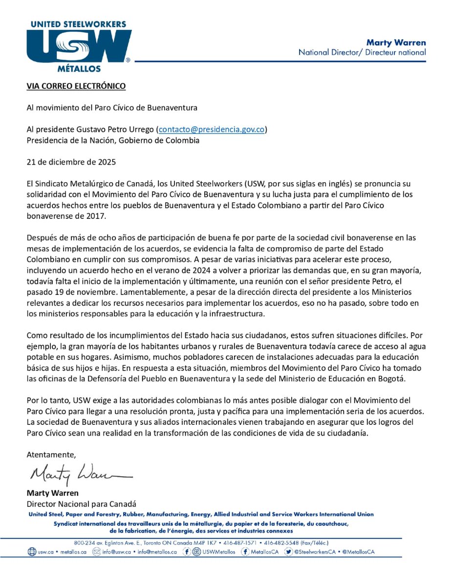 Agradecemos al Sindicato Metalúrgico Canadiense por su solidaridad con el Paro Cívico de Buenaventura y por exigir al Gobierno Nacional el cumplimiento real y verificable de los acuerdos.
La lucha de Buenaventura no está sola. <a href="/DapreCol/">DAPRE</a>  <a href="/petrogustavo/">Gustavo Petro</a> #VamosPueblo
