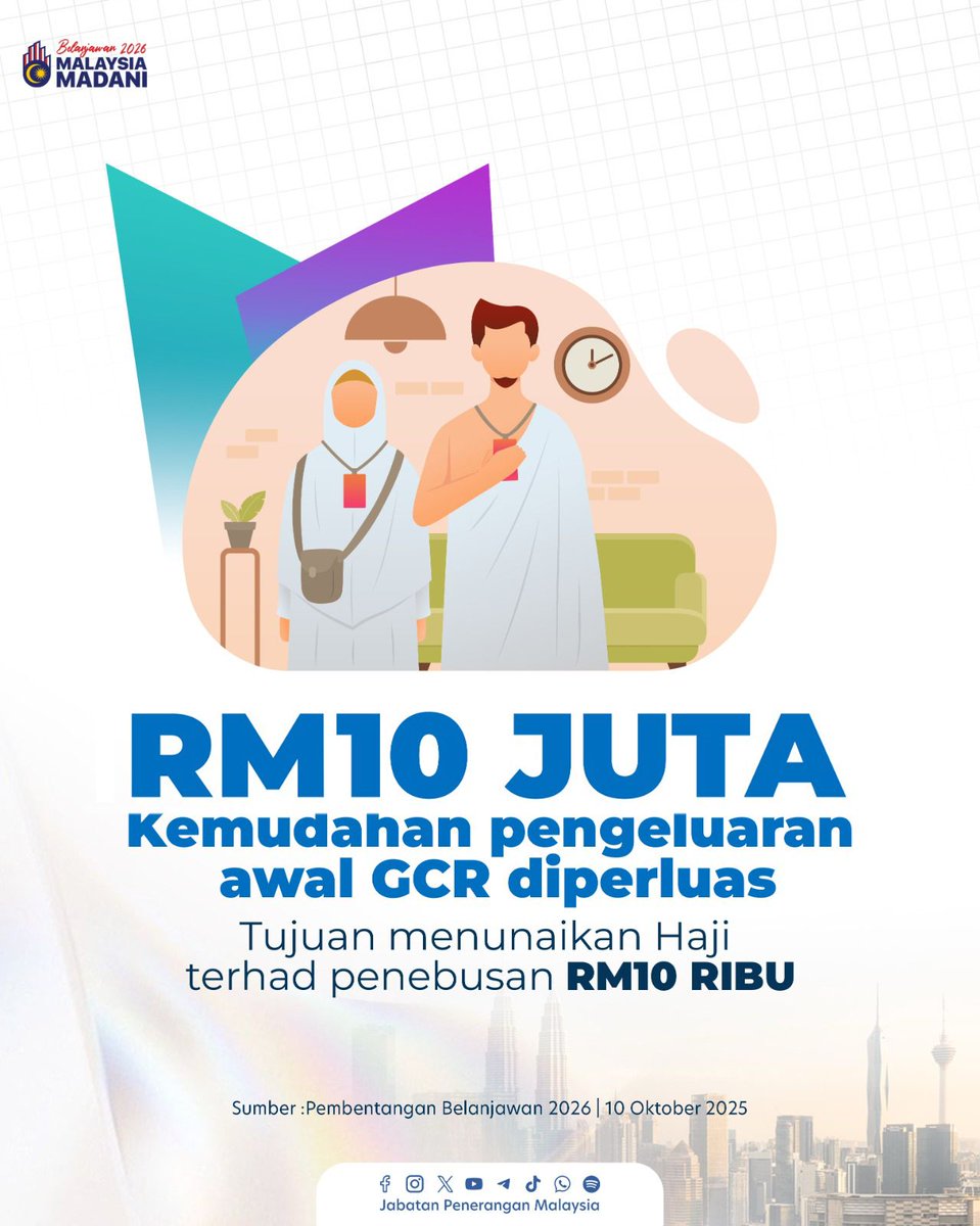JPenerangan's tweet photo. 🕋🇲🇾 Kemudahan Pengeluaran Awal GCR untuk Penjawat Awam!

✨ Khusus bagi menunaikan Haji, dengan penebusan sehingga RM10,000 dan peruntukan RM10 juta.

#Belanjawan2026
#RancakkanMADANI
#MADANIBekerja
#TaatSetia
#JabatanPenerangan https://t.co/O3OU4HUPsq