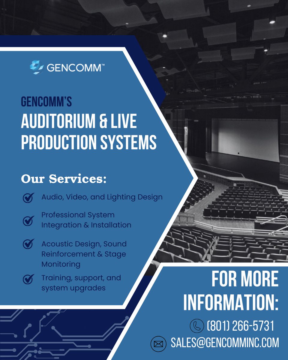 GenCommHQ's tweet photo. Powerful performances start with the right technology. GENCOMM delivers professionally designed audio, video, and lighting systems.

#GENCOMM #AuditoriumAV #LiveProduction #AVIntegration #ProfessionalAV #UtahBusiness https://t.co/GqJSklHYwa