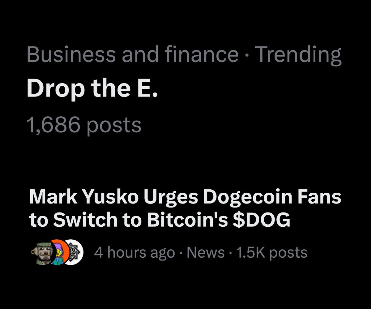 LeonidasNFT's tweet image. BREAKING: "Drop the E." is trending on X

Swap your DOGE for $DOG!!!!!