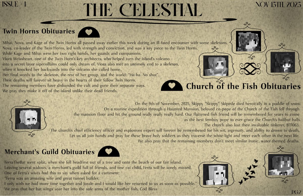 DonutDMerlot's tweet photo. A quick collage of all the #vciv articles I wrote for the server’s newspaper,
“The Splash”!!!
Big thanks to the @/AstroKatsumiVT and @/SemituraLC who formatted the Musical review, and Obituaries respectively! https://t.co/hHPSQMCGDJ