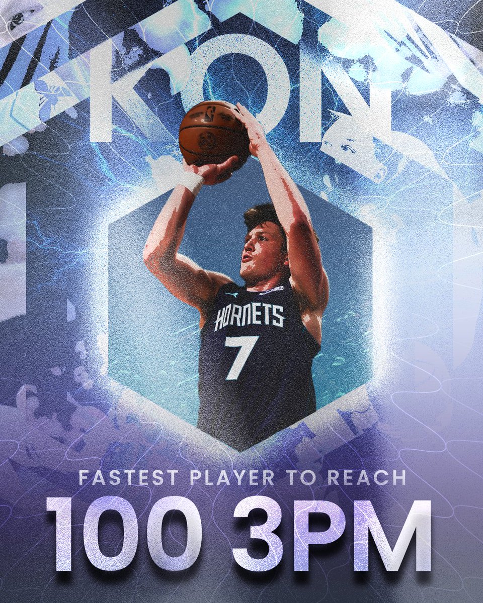 hornets's tweet image. .@Kon2Knueppel becomes the fastest player to reach 100 career 3PM in NBA history, breaking the previous record by 12 games ☔ — #HiveMentality