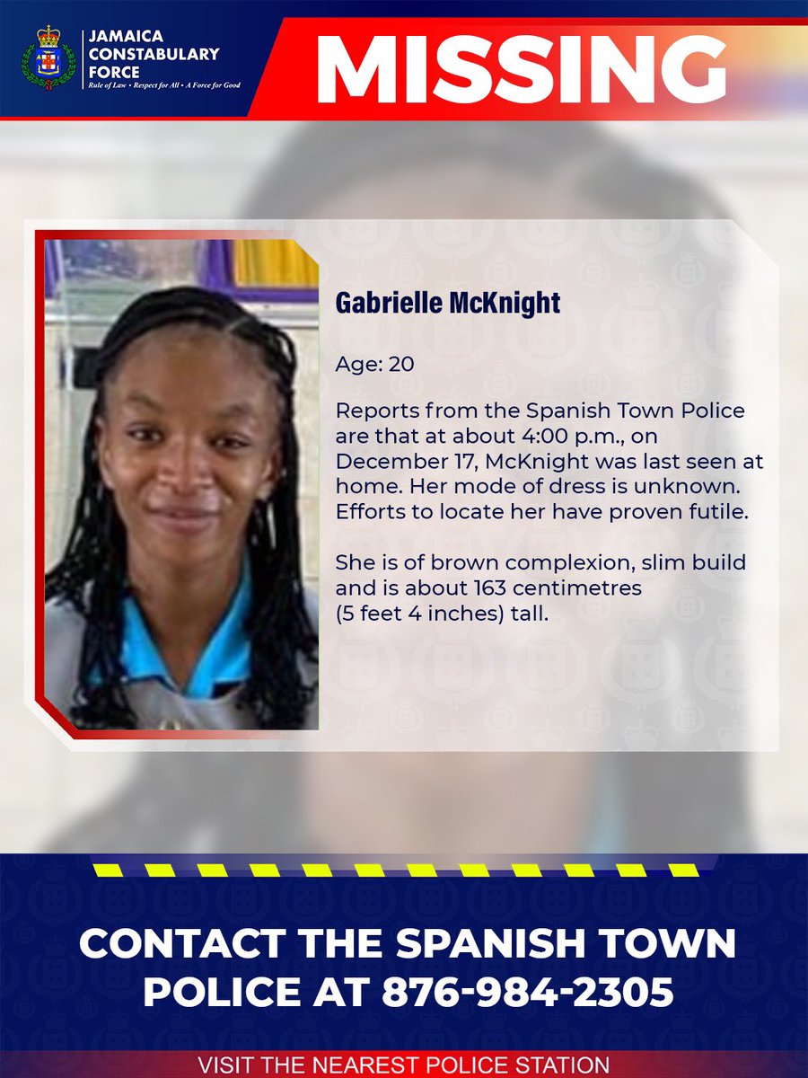 JamaicaConstab's tweet photo. Help us locate missing Gabrielle McKnight. If you know her whereabouts, please call the Spanish Town Police or the nearest police station! 

#Missing https://t.co/R2vk21kuq0