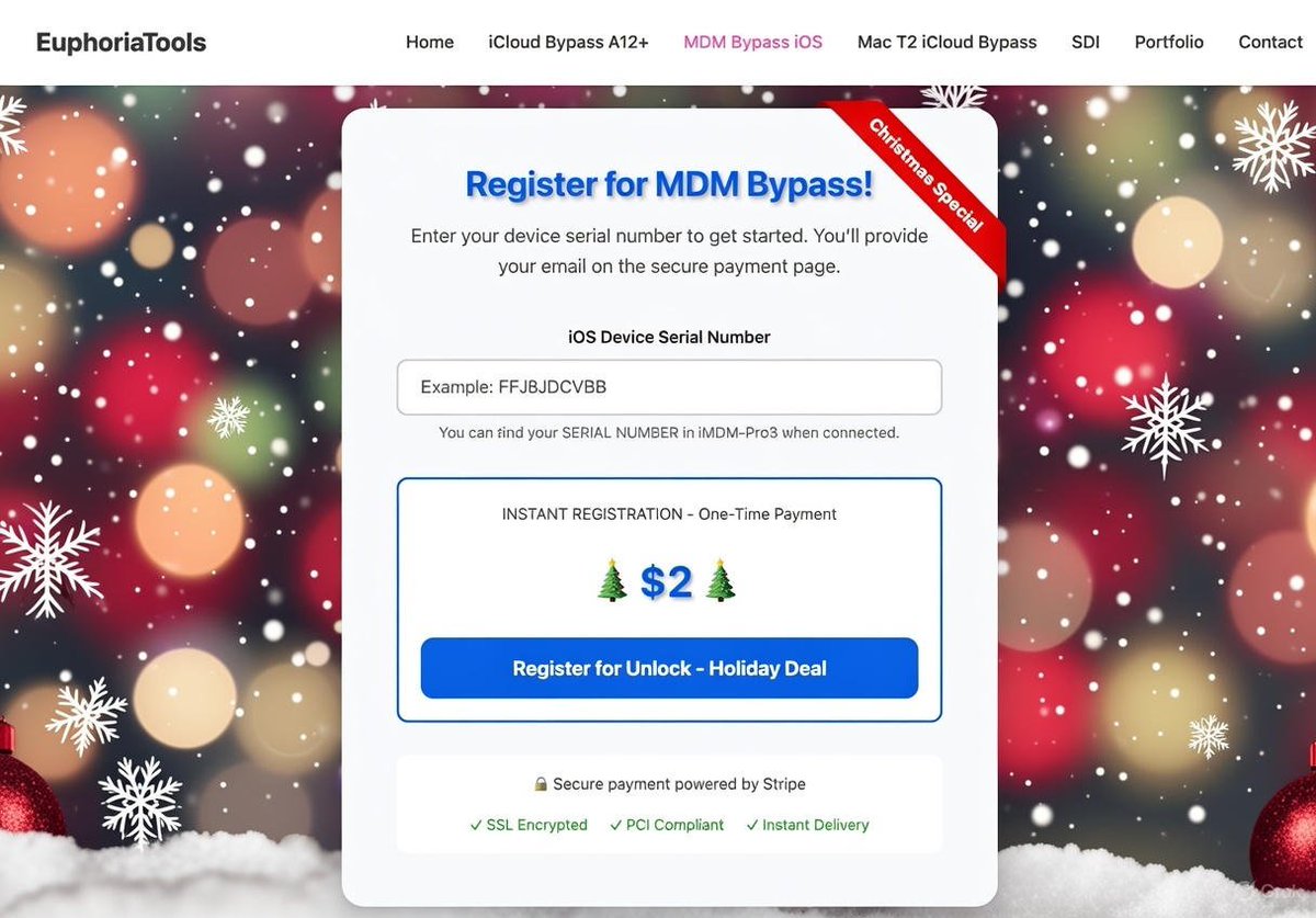 Not sure how long this deal will last...iMDM-Pro 3 is now $1.99 per device for MDM Bypass iOS registration. Normally its $5!

Merry Christmas and Happy Holidays!

Register Here: euphoriatools.com/2025-march/imd…