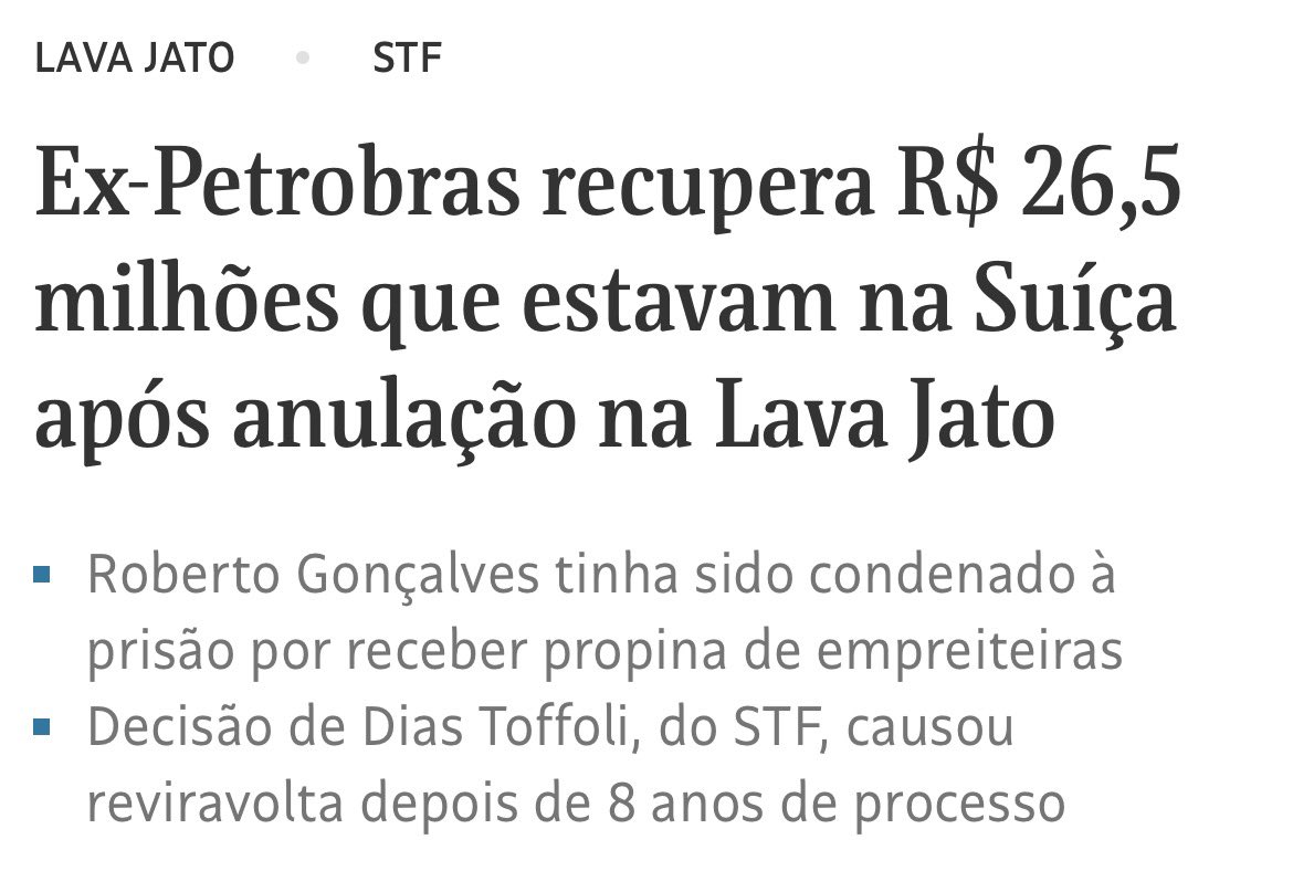 Brasil produziu algo inédito no planeta: a repatriação de ativos para o condenado pela corrupção, não para as vítimas.

A impunidade da corrupção no país chegou a um extremo que choca o mundo.

Há 2 anos, min. Toffoli anulou todas as provas da leniência da Odebrecht - um dos