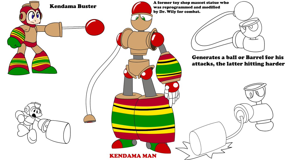 LoFatMilkKnight's tweet photo. A Robot Master design entry for fun and for the contest, Kendama Man!! A toy based Robot Master who uses his passion to attack with either a small ball or big barrel with his suction cup arm.

Pen Name: LoFatMilkKnight

#MegaManDO #DesignARobotMaster
@MegaMan https://t.co/YGivIegeng