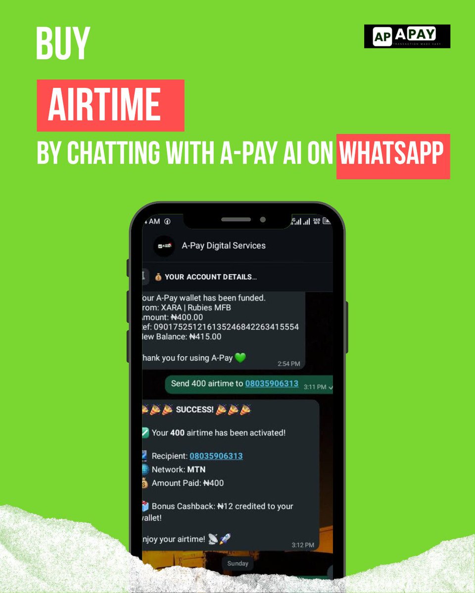 use_apayai's tweet photo. Imagine buying airtime, data & paying electricity bills
just by chatting on WhatsApp 🤯
Meet A-Pay AI 🤖💬
👉 https://t.co/rHRwPdGm9F
#APay #AIOnWhatsApp #DigitalPayments https://t.co/G2ty30nQoh