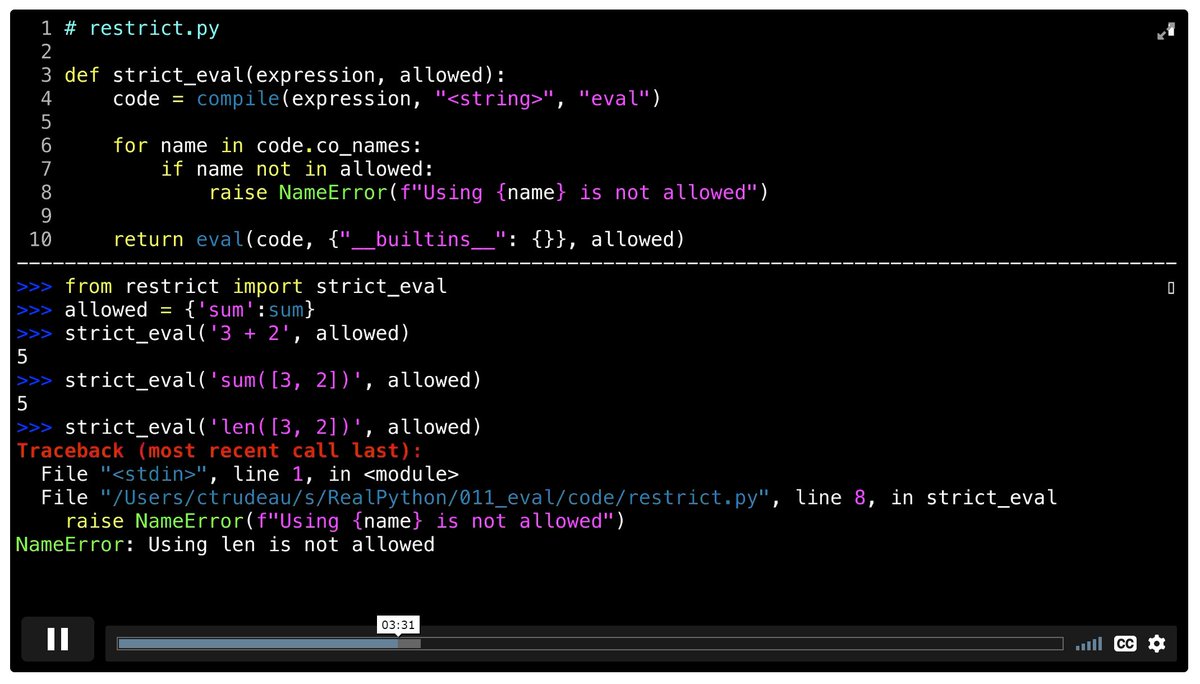 realpython's tweet image. 🐍📺 Evaluate Expressions Dynamically With Python eval() — realpython.com/courses/evalua…
#python
