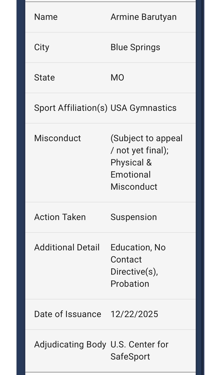 JudgeThree's tweet photo. Al Fong and Armine Barutyan of GAGE have been sanctioned by the Center for SafeSport following an investigation that began in 2020. Fong and Barutyan will serve suspensions followed by probation, and must complete specified SafeSport education. https://t.co/k8KngVy6Jn