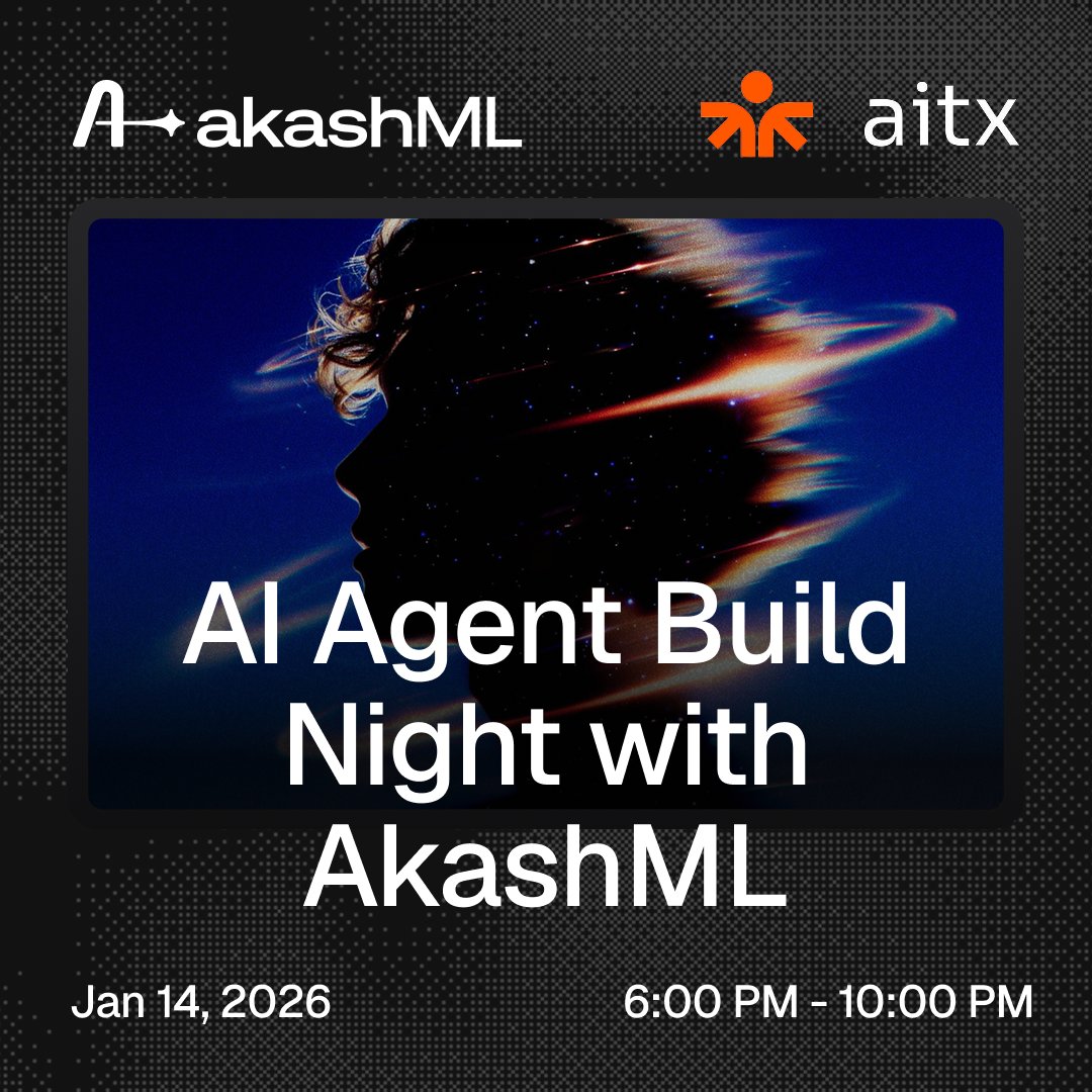 AI Agent Build Night | Austin, TX | January 14th, 6-10pm

Join us for a hands-on technical session with @AITX, the local Texas AI community.

Builders get 90 minutes to construct and deploy AI agents using Akash Console and AkashML for decentralized inference.

Afterwards, you’ll