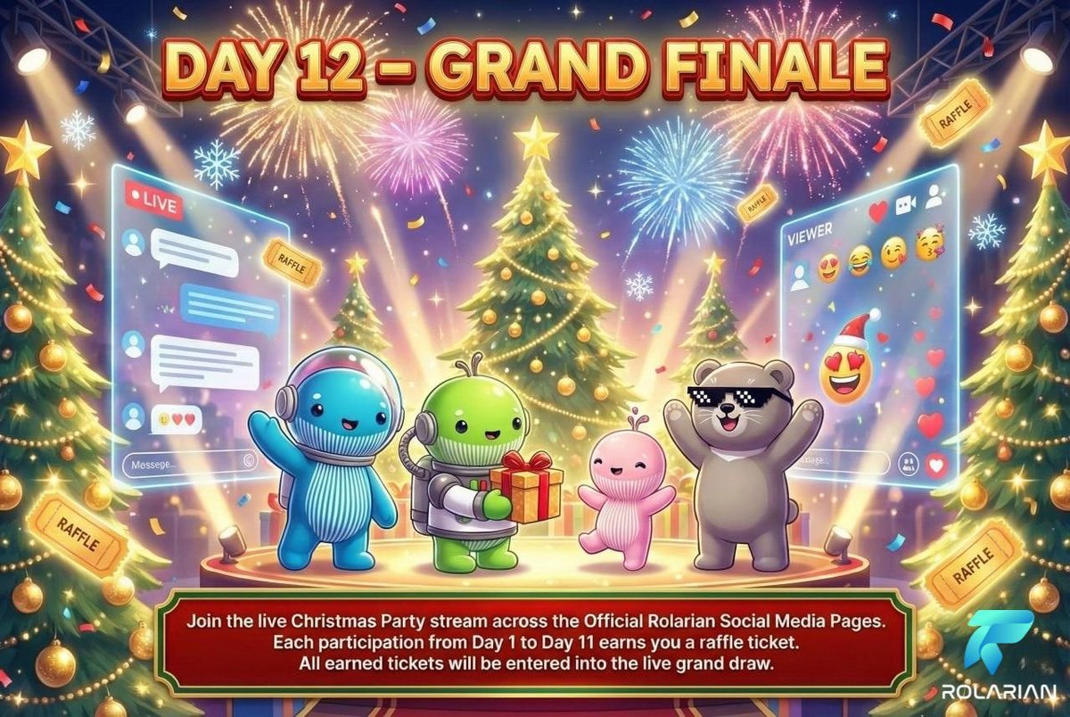officialROLAai's tweet photo. 🥳🎉 It's the #RolarianChristmas day 12 GRAND FINALE - join the party! 🥳🎉

You're invited! 📣 Tune in live on our official social media channels at 8:00 pm PHL Time for the BIGGEST Christmas Celebration ever! 🎄🎁

Want to win? 🤔 All raffle tickets from days 1-11 are in the running! 🤞

Check out these incredible prizes! 🤩

💰₱165k in USDC!
💎$ROLA tokens!
🎁Exclusive surprise packages!
📱The latest iPhone 17!

Let's celebrate together and end the year with a bang! 💥 See you there - LFG! 🔥🚀

#RolarianChristmas #12DaysOfCrypto  #Web3  #GameFi #SocialFi #CryptoCommunity #GrandFinale #LFG #WAGMI