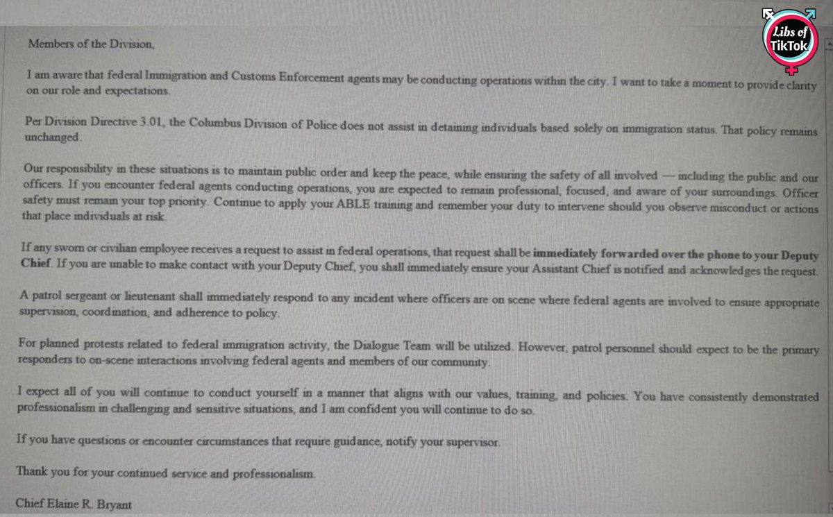 libsoftiktok's tweet image. SCOOP: Columbus, Ohio, police are being instructed by Police Chief Elaine Bryant NOT to assist ICE during immigration operations, and instead, they are to observe federal agents and "intervene" if they witness any "misconduct."

The City of Columbus wants to use their police to…