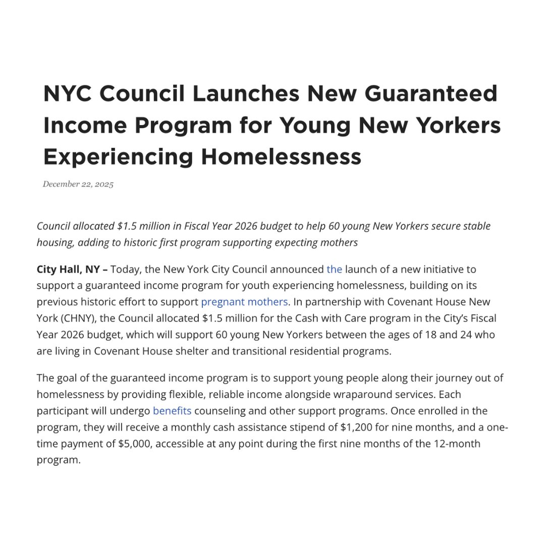 NYCCouncil's tweet photo. The Council has launched a new guaranteed income program to help young New Yorkers experiencing homelessness gain stability.

With $1.5M in the FY26 budget, we’re partnering with @CovenantHouseNY to support 60 youth ages 18–24 with direct income assistance and care. https://t.co/w2pnKu3Jui