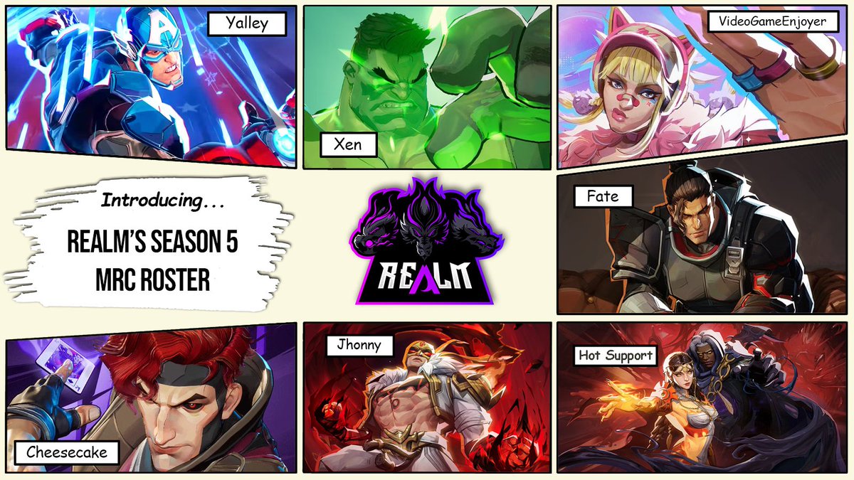 Realm_GG's tweet image. We are proud to introduce to you Realm's Season 5 @MarvelRivals Roster!

Good luck as they head into the top 128 matches this week! 😈

🛡️ - @Yalleymr_ 
🛡️ - @Mp3Xen 
⚔️ - Jhonny
⚔️ - Fate
🩷 - @notm1ll
🩷 - @cheesecake5653

#EnterTheRealm