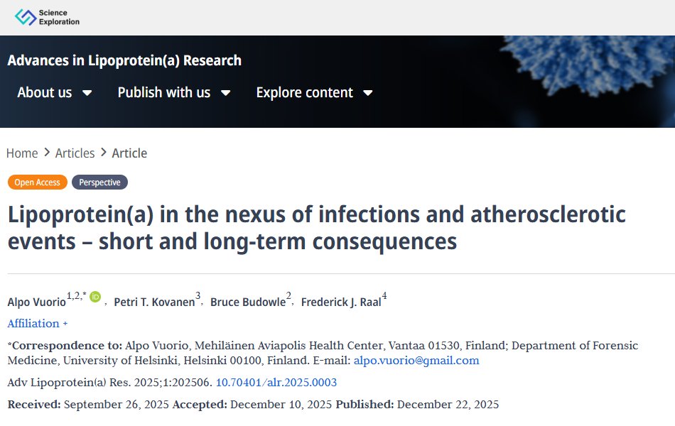 New Perspective📢

🖊️ Alpo Vuorio, Petri T. Kovanen, Bruce Budowle, Frederick J. Raal
🌟 Lp(a) links infections (from SARS-CoV-2 to HIV) to atherosclerosis, extending the impact of Lp(a)-lowering therapies beyond CV risk.

More:sciexplor.com/articles/alr.2…
#LipoproteinA #Infection