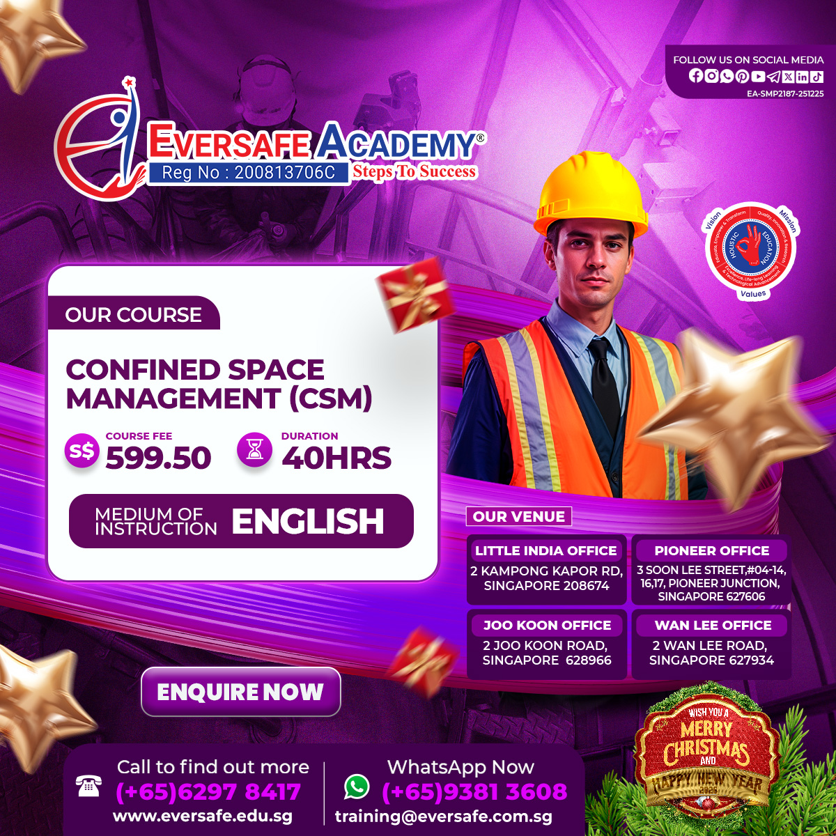EversafeAcademy's tweet image. Master Complex Safety in Confined Spaces!
Specialized training is essential for high-risk environments. Join our CSM course to enhance your management skills.

#constructionsafety #ConfinedSpace #SafetyManagement #WSHCourse #EversafeAcademy