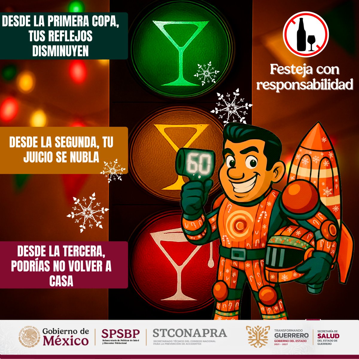 SSaludGro's tweet image. Disfruta las fiestas con moderación. El exceso de alcohol aumenta el riesgo de accidentes. 🚫🍷
#FestejaConResponsabilidad