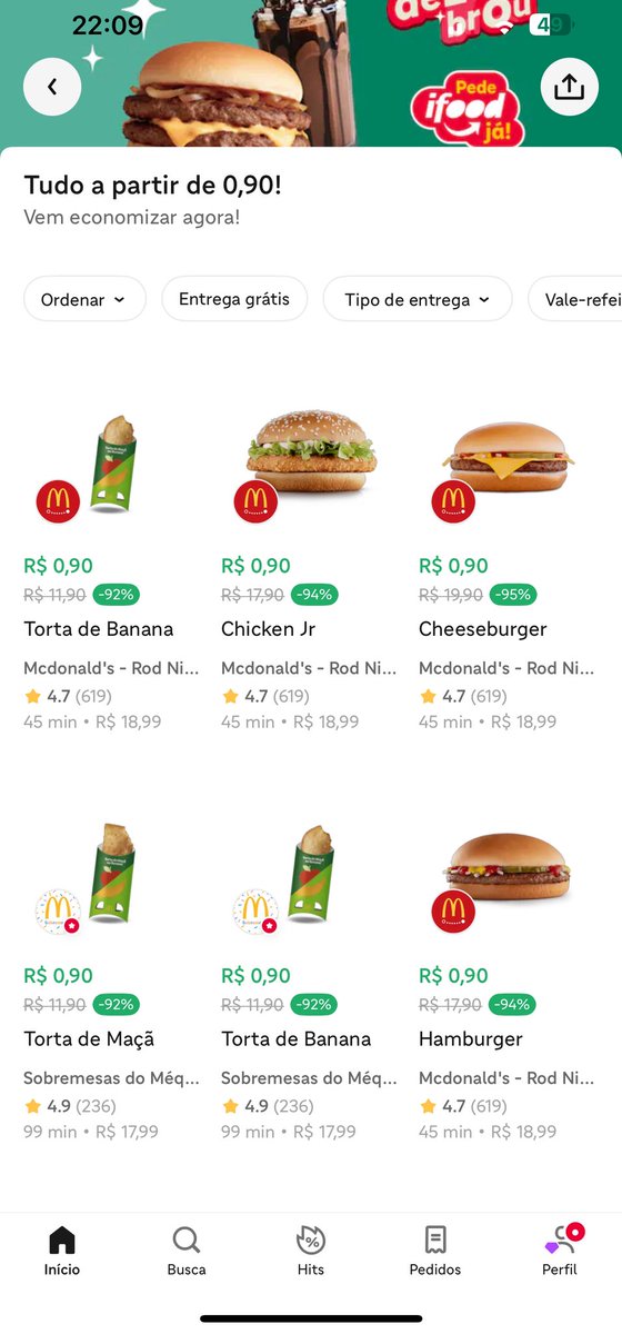 zecazex's tweet photo. O melhor do @iFood 
Lanches a 0,90 centavos, mas vc olha a taxa de entrega e vc está pagando dois lanches.
@iFood  vc não tem vergonha de fazer promoção assim nao ? https://t.co/CW4anUc087