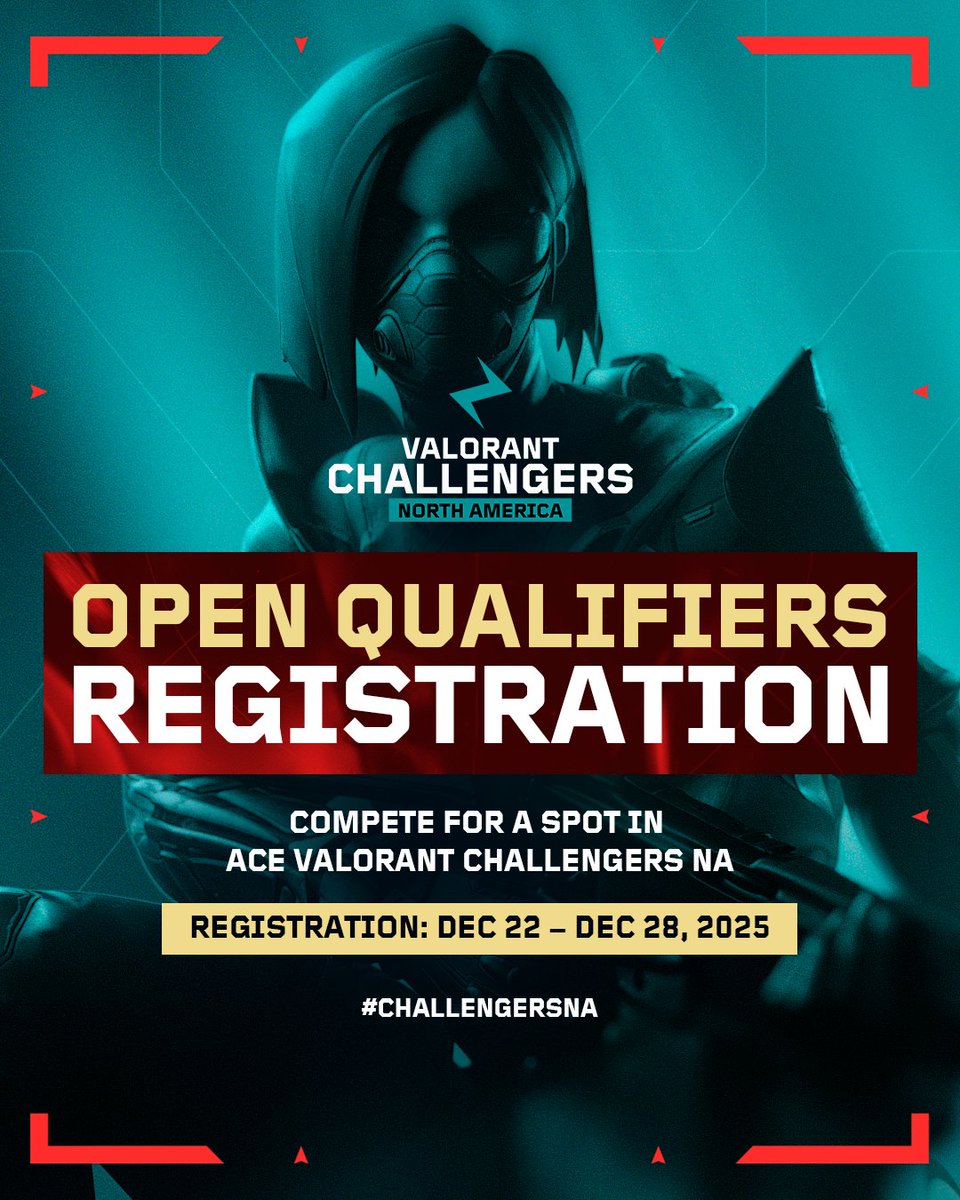 acenavalorant's tweet image. 🏁 Your path to #ChallengersNA starts here
Register for Open Qualifiers.

🗓️ Dec 22–28
