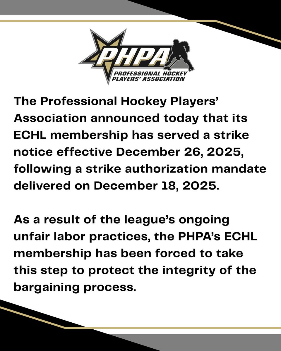 thephpa's tweet image. ECHL MEMBERSHIP SERVES STRIKE NOTICE

🔗: phpa.com/news/3213