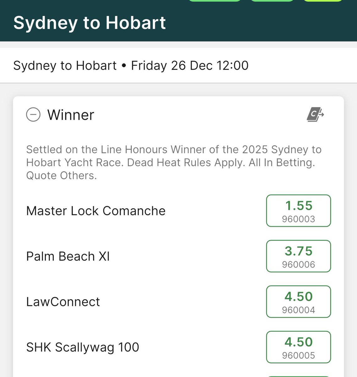 boostar83's tweet image. What a shame to see Sydney to Hobart betting head down this path. And no extra markets either