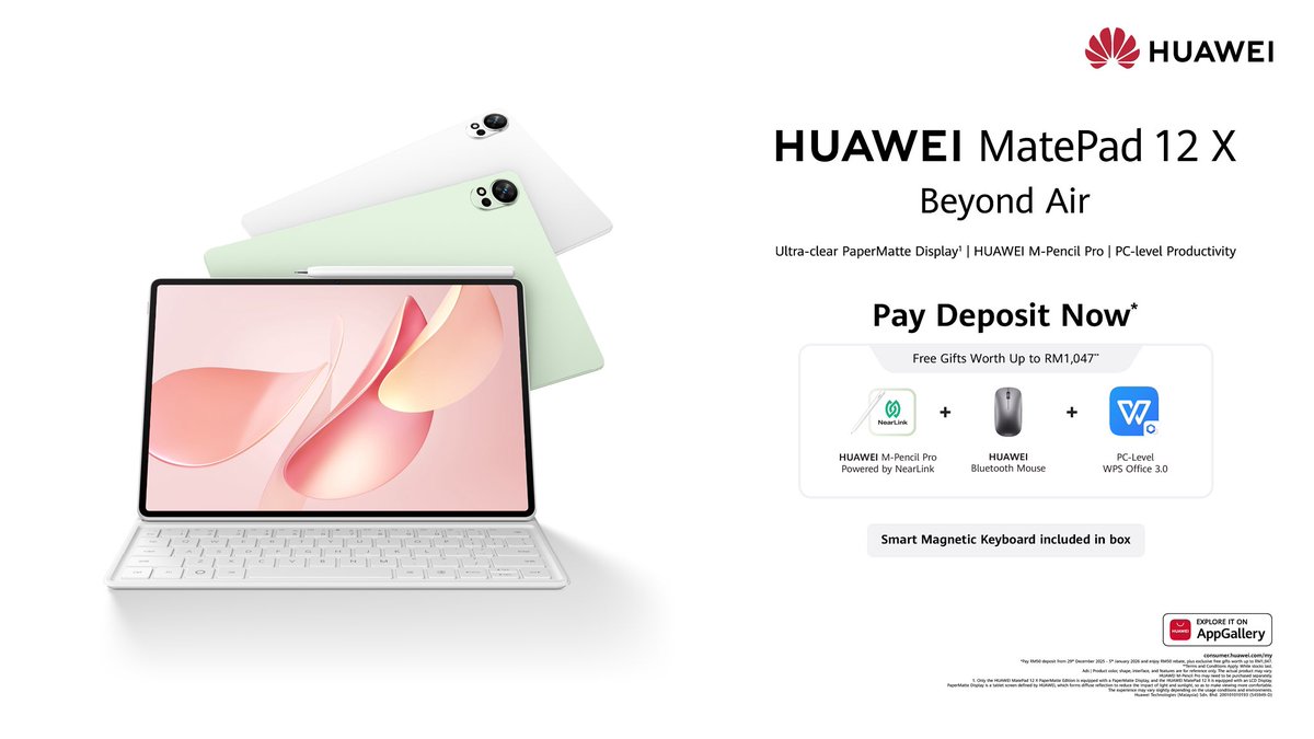 #HUAWEIMatePad12X equipped with the all-new 3rd Generation Ultra-clear PaperMatte Display crafted for comfort and clarity. Delivers a stunning, anti-glare viewing experience.

Pay deposit now to secure yours today!

Learn More: bit.ly/MatePad12X-202…

#HUAWEIMY #HUAWEIMatePad12X