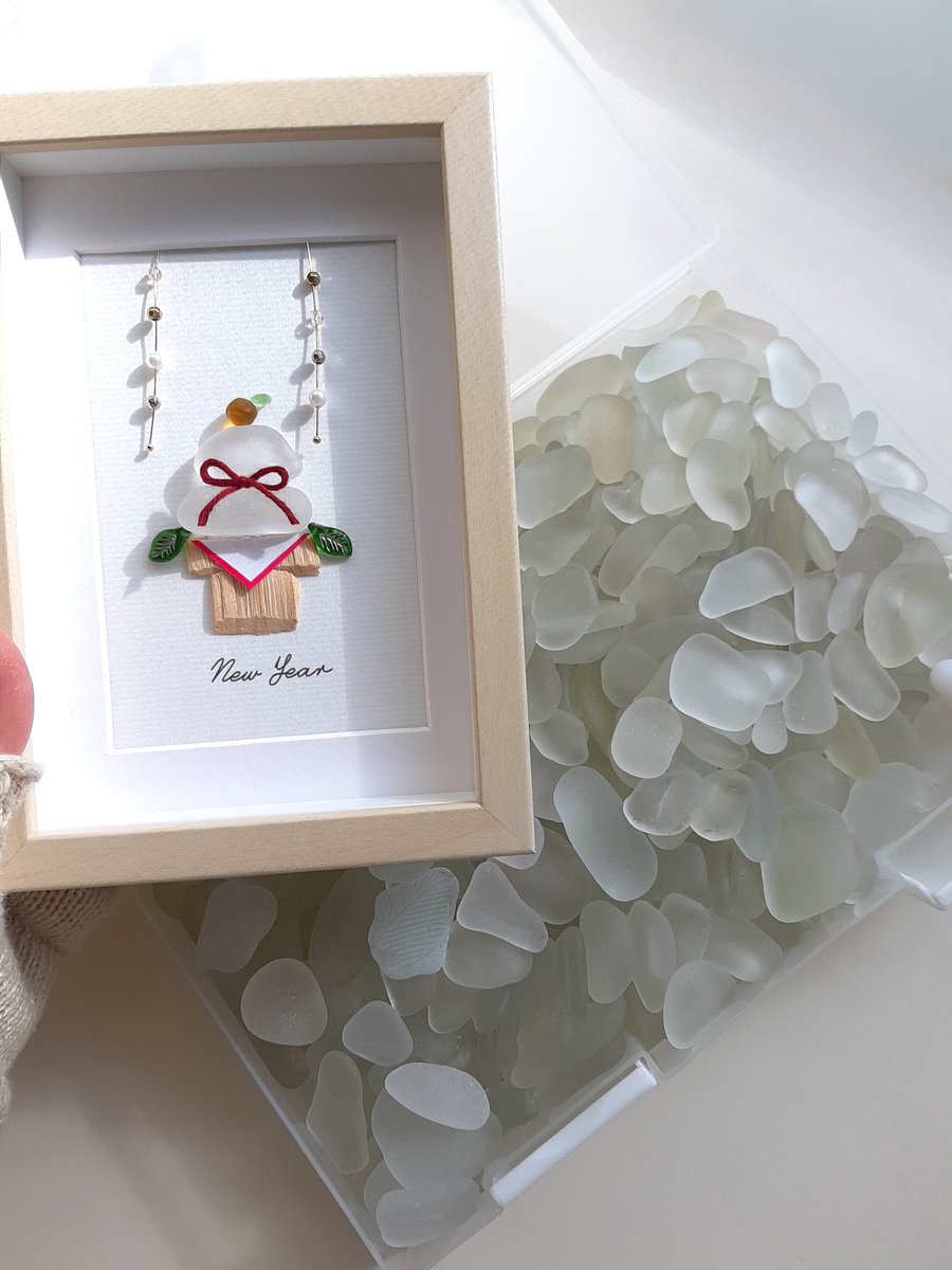 ＊夜桜ムーン＊シーグラスアート シーグラスアート『三日月とうさぎ②✩.*˚』☆ハガキサイズ☆ 夜桜