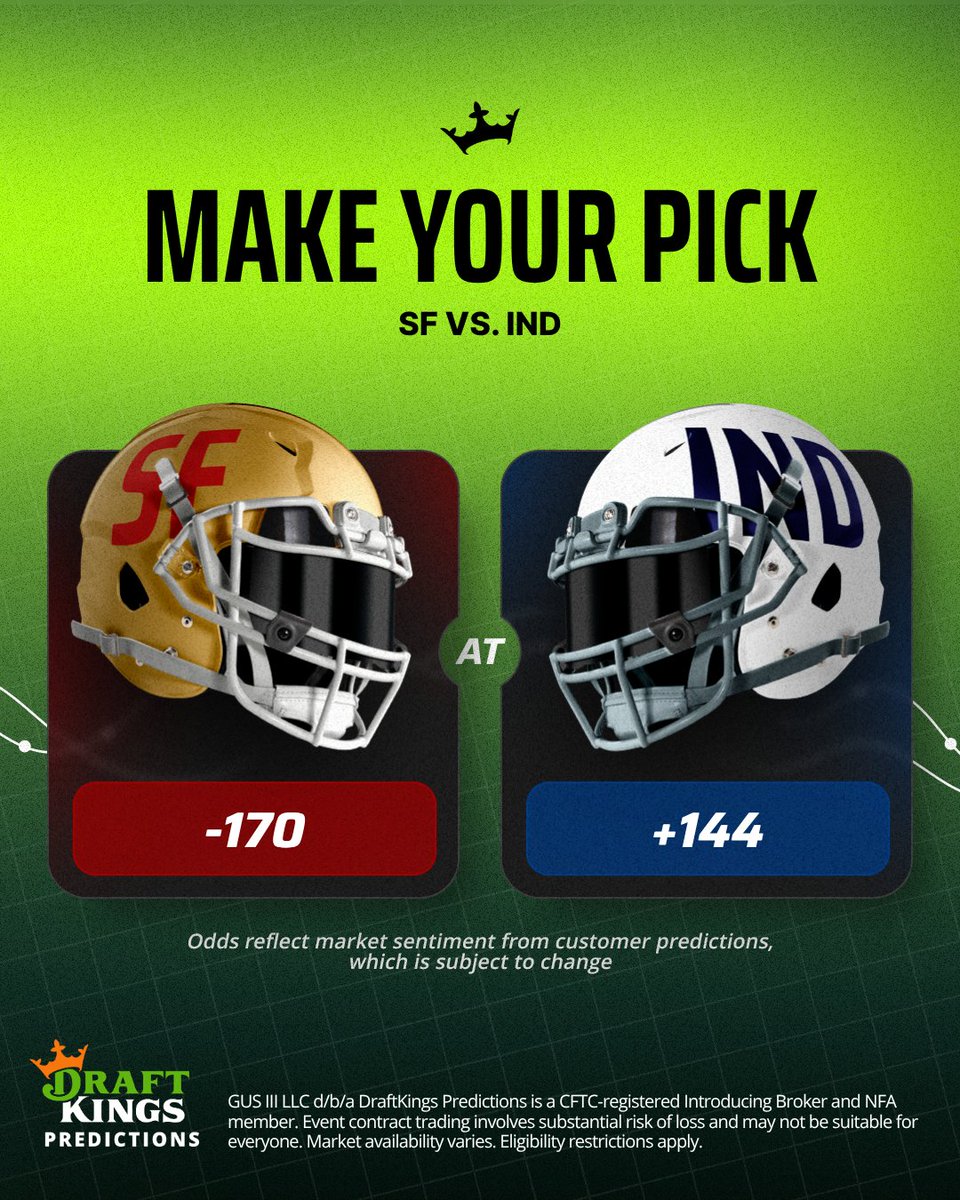DKPredictions's tweet image. San Francisco and Indianapolis meet in the Week 16 finale. 

Make your pick on the DraftKings Predictions app.