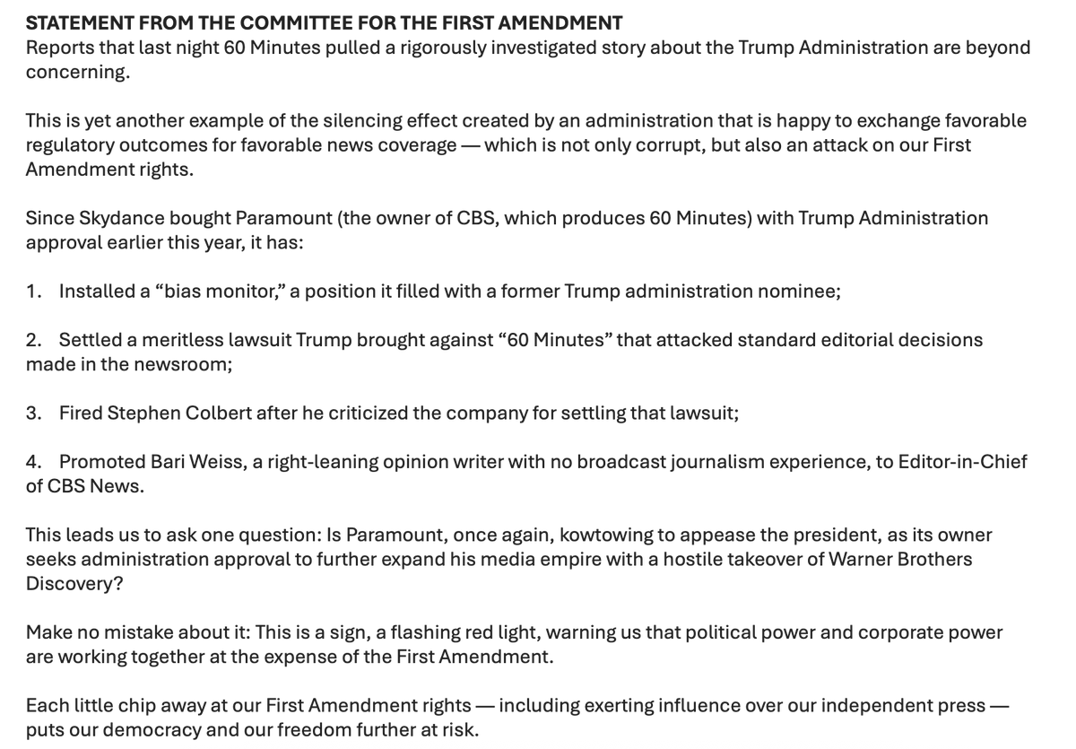 brianstelter's tweet photo. Tonight Jane Fonda and the Committee for the First Amendment issued this statement asking: "Is Paramount, once again, kowtowing to appease the president, as its owner seeks administration approval to further expand his media empire with a hostile takeover of Warner Brothers Discovery?"