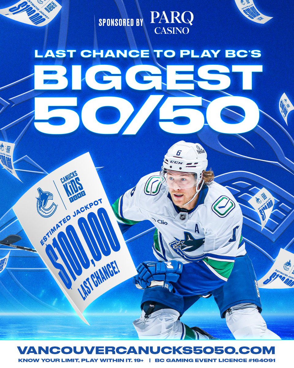Canucks's tweet image. Last chance to win big with tonight's @Canucksforkids 50/50 tickets, sponsored by @parqvancouverbc. 🎟

Must be 19+ and located in BC to play.

BUY NOW | vancanucks.co/47qfF4t