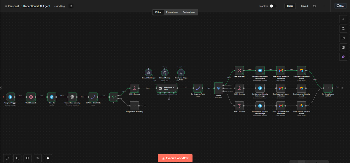 LuxeAutomations's tweet photo. Here is an AI receptionist Agent workflow that uses voice notes and customer support tools to handle client messages instantly built in @n8n_io.

Watch the full video here: 👉 https://t.co/xi5eNt4nxL

#AIReceptionist #n8nTutorial #Automation #AIWorkflow #NoCode #N8n #SmartAgent #AIAutomation #Business #OpenAIAgents #VoiceAI #N8nAgents