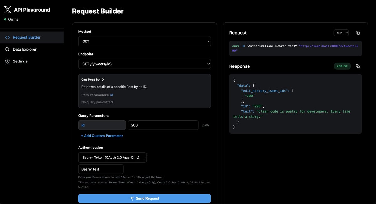 taycaldwell's tweet image. Announcing the X API Playground:
A local mock server and UI for X API v2!

Test all major endpoints with realistic data seeding, state persistence, and configurable rate limiting &amp;amp; auth.

Get started: github.com/xdevplatform/p…