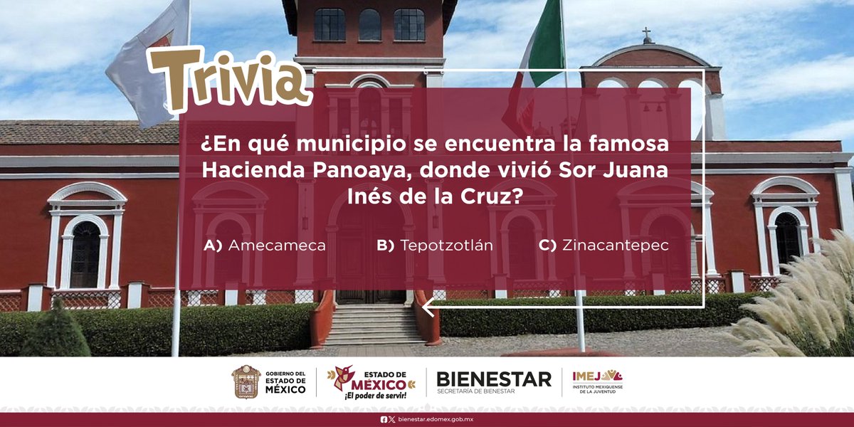 ¿En qué municipio se encuentra la famosa Hacienda Panoaya, donde vivió Sor Juana Inés de la Cruz?
Respuesta correcta: A) Amecameca
En Panoaya, Sor Juana aprendió a leer a los 3 años y desarrolló su temprana pasión por los libros.
#ElPoderDeServir
#LaGeneraciónDeLaTransformación