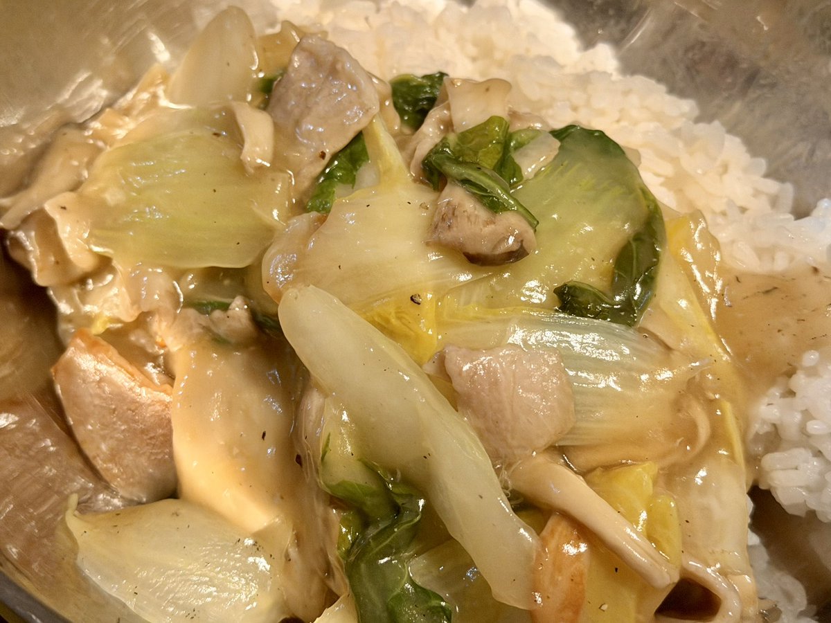 白菜とエリンギ、豚肉のあんかけご飯
めちゃくちゃうまいやで
出汁の種類入れまくったせいで、牛乳ないのにシチューみたいになっとる 