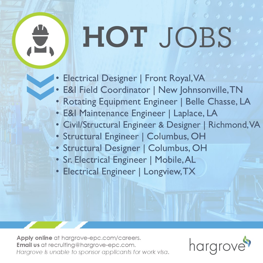 Exciting News - We have open opportunities at Hargrove Engineers &amp; Constructors to join our Team. We're #hiring!

If you want to be a part of a winning team #applytoday at bit.ly/3qgOMcH &amp; send your resume to recruiting@hargrove-epc.com #engineeringjobs