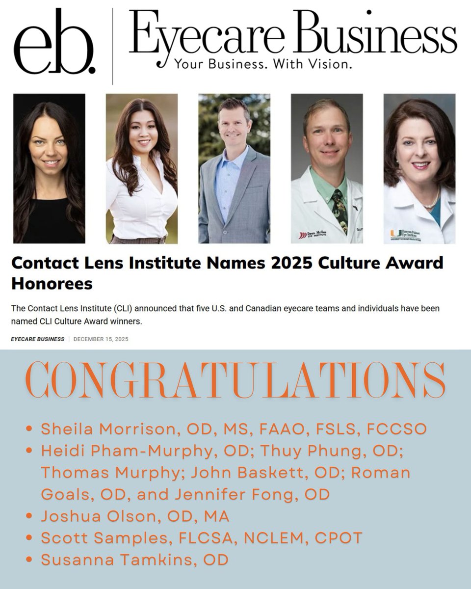 Congratulations to our 2025 Culture Award Winners! 

Read the full article from Eyecare Business at bit.ly/3MN5Dmm

then visit contactlensinstitute.org

#optometry