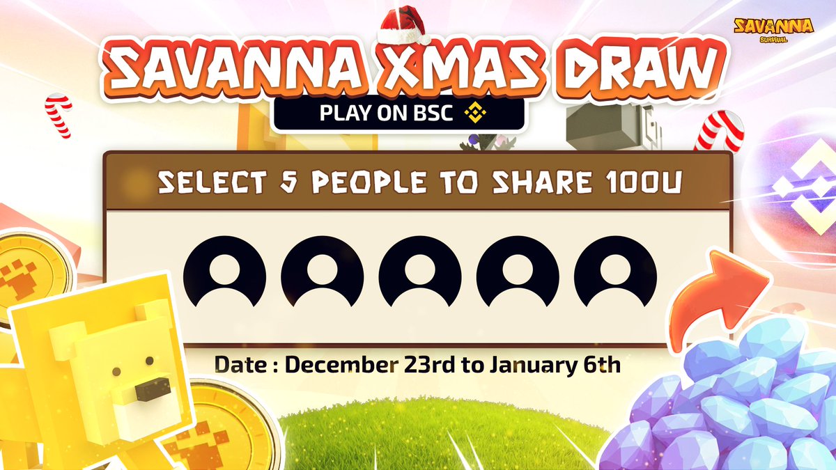 SavannaSurvival's tweet photo. 🎄Early Christmas Perks🎄

💰Savanna Xmas Draw: Play on BSC💰

Requirements:
1️⃣Follow @SavannaSurvival on X
2️⃣ Like & Retweet this post
3️⃣ Bind your BSC chain to create an account and share a screenshot of the game homepage in the Telegram community
4️⃣ Complete one BSC chain staking and post a screenshot in the comments section

⚠️Note: 
Steps 1 and 2 are mandatory
Steps 3 and 4 are optional (choose one).

📅Date: December 23rd - January 6th

We will randomly select 5 participants to split 100 U. Join now🫡 #ChristmasCrypto #Giveaway