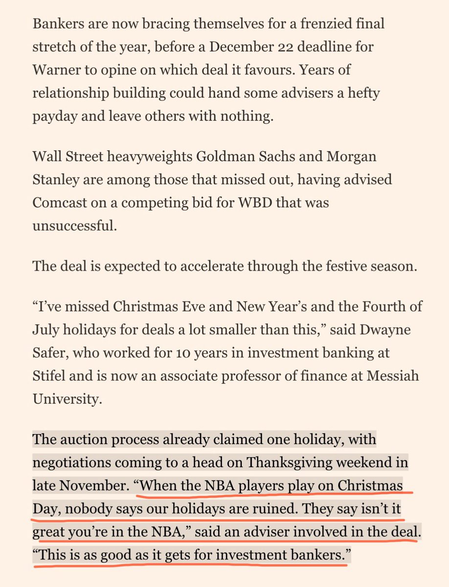 TrungTPhan's tweet image. This banker on Netflix vs. Paramount bid for Warner Bros is hyped the deal is extending through holidays:

“When NBA players play on Christmas Day, nobody says our holidays are ruined. The say isn’t it great you’re in the NBA? This is as good as it gets for investment bankers.”